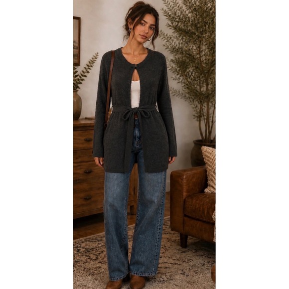 Susan Bristol Sweaters - Vtg Susan Bristol Merino Wool Gray Sweater Cardigan Belted Cozy Minimalist M